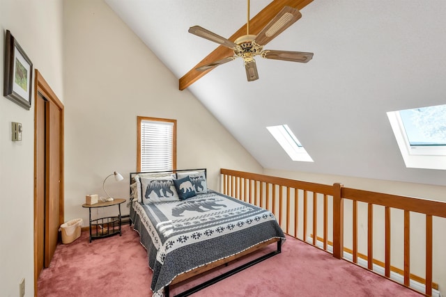 carpeted bedroom with lofted ceiling and ceiling fan