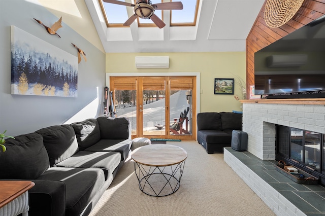 living room with a wall mounted air conditioner, vaulted ceiling, ceiling fan, a fireplace, and carpet