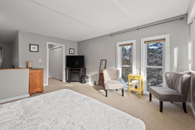 bedroom with light colored carpet, a textured ceiling, and a closet