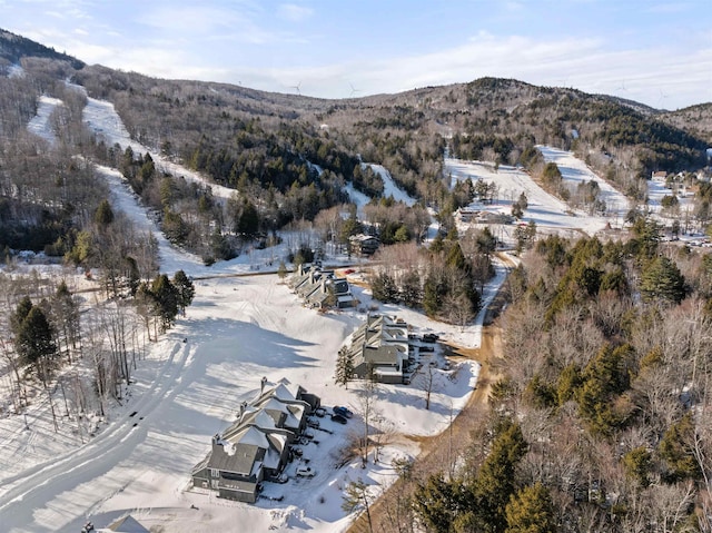 snowy aerial view with a mountain view