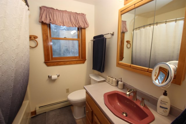 full bathroom featuring tile patterned floors, toilet, shower / tub combo, baseboard heating, and vanity