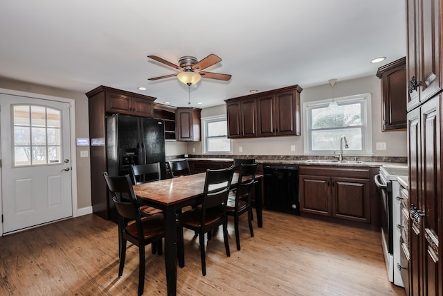 kitchen featuring a healthy amount of sunlight, sink, light hardwood / wood-style floors, and black appliances