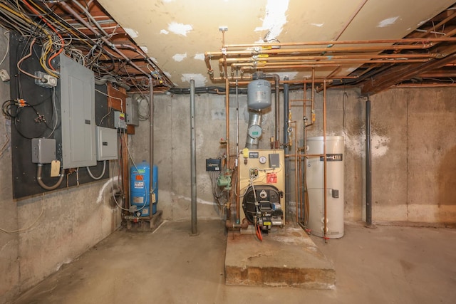 basement featuring gas water heater and electric panel