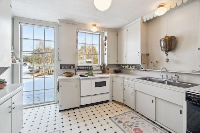 kitchen with sink, crown molding, double oven range, black dishwasher, and white cabinets