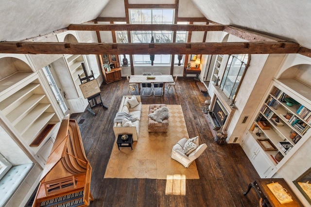 living room featuring dark wood-type flooring and high vaulted ceiling