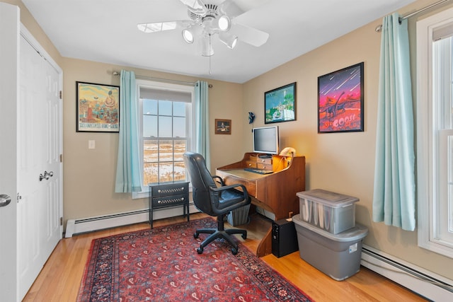 home office with baseboard heating, ceiling fan, and light hardwood / wood-style floors