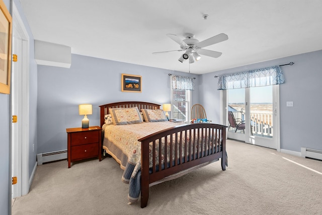 carpeted bedroom featuring access to exterior, a baseboard radiator, and ceiling fan