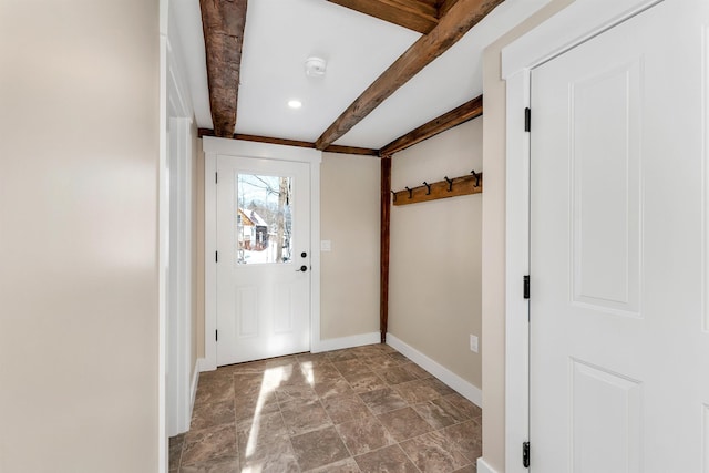 95 Plymouth St, Meredith, NH 03253 - doorway to outside with baseboards and beamed ceiling