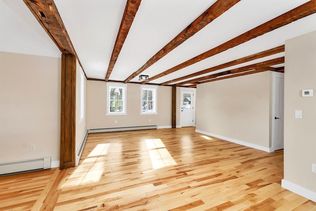 95 Plymouth St, Meredith, NH 03253 - unfurnished living room featuring a baseboard heating unit, light wood finished floors, baseboards, and beam ceiling