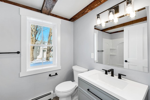 95 Plymouth St, Meredith, NH 03253 - bathroom featuring beamed ceiling, toilet, a baseboard heating unit, vanity, and a shower