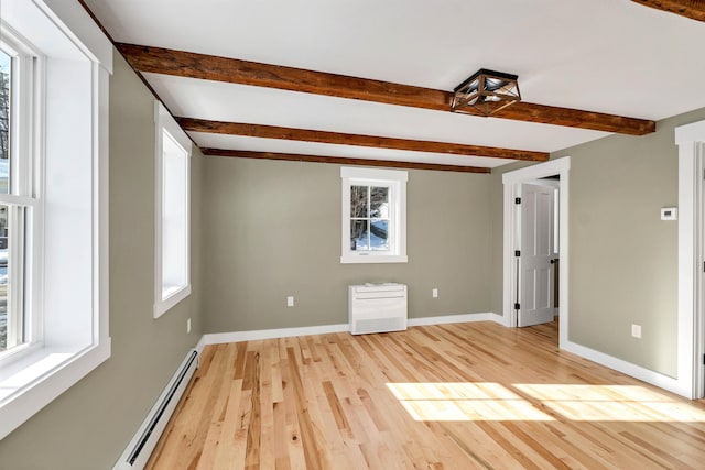 95 Plymouth St, Meredith, NH 03253 - unfurnished living room with beamed ceiling, light wood-style floors, baseboards, and a baseboard heating unit