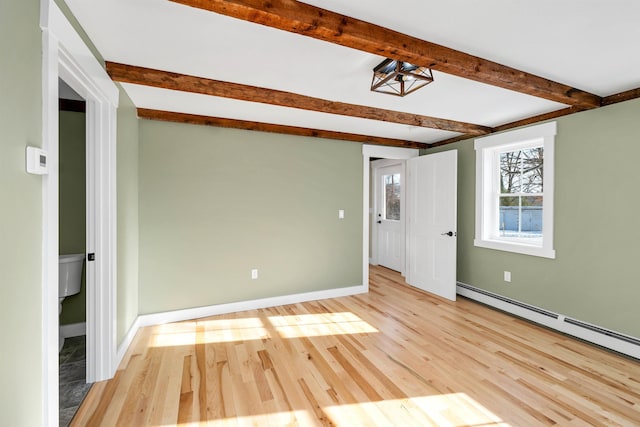 95 Plymouth St, Meredith, NH 03253 - spare room featuring beam ceiling, light wood finished floors, a baseboard radiator, and baseboards