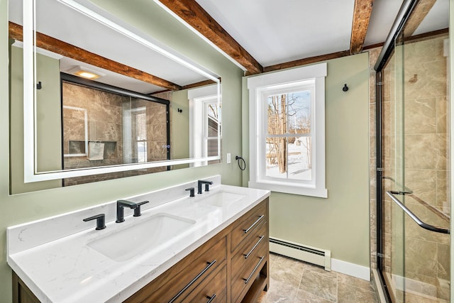 95 Plymouth St, Meredith, NH 03253 - full bathroom featuring a baseboard radiator, a stall shower, double vanity, beam ceiling, and baseboards