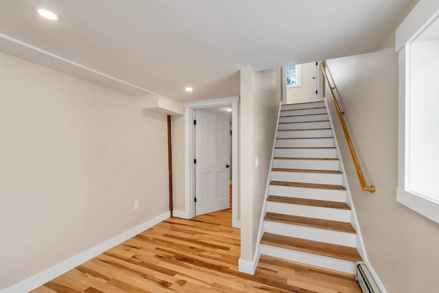 95 Plymouth St, Meredith, NH 03253 - stairway featuring wood finished floors, recessed lighting, baseboards, and baseboard heating