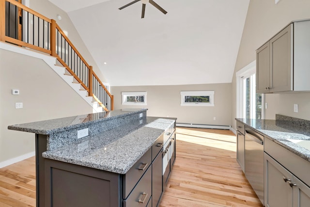 95 Plymouth St, Meredith, NH 03253 - kitchen featuring gray cabinetry, stainless steel dishwasher, a ceiling fan, light wood-style floors, and high vaulted ceiling