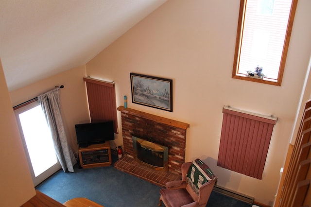 carpeted living room with lofted ceiling, a brick fireplace, and radiator heating unit