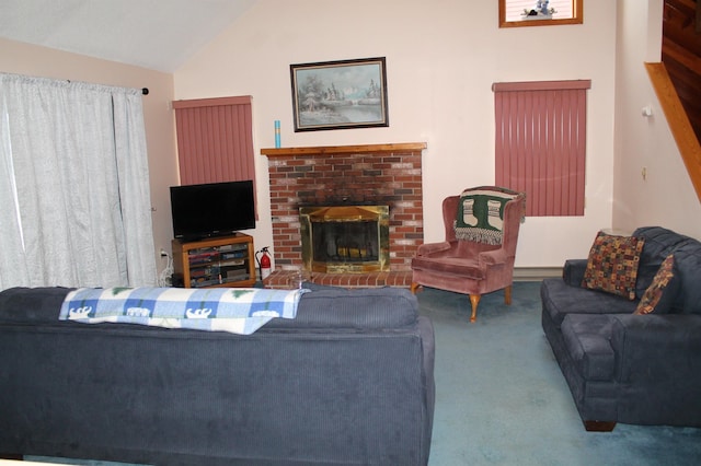 living room with lofted ceiling, a brick fireplace, and carpet flooring