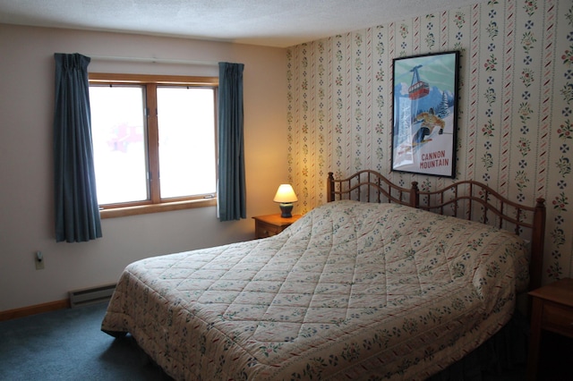 bedroom featuring a baseboard radiator and carpet