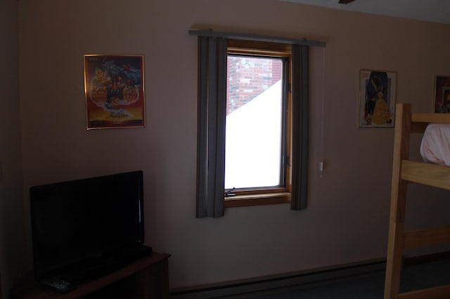 bedroom with multiple windows and a baseboard heating unit