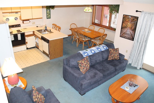 kitchen with sink, white cabinets, electric range, white dishwasher, and light carpet