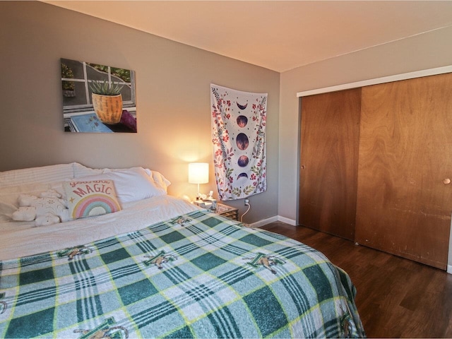 bedroom with dark hardwood / wood-style flooring and a closet