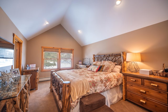 carpeted bedroom featuring baseboard heating and lofted ceiling