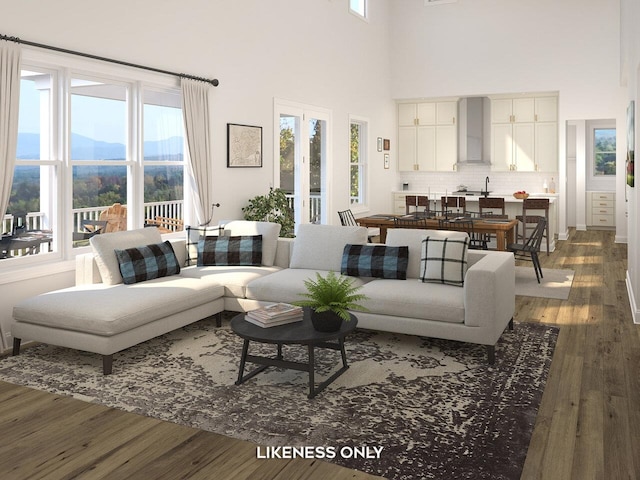 living room featuring hardwood / wood-style flooring, a mountain view, and a high ceiling