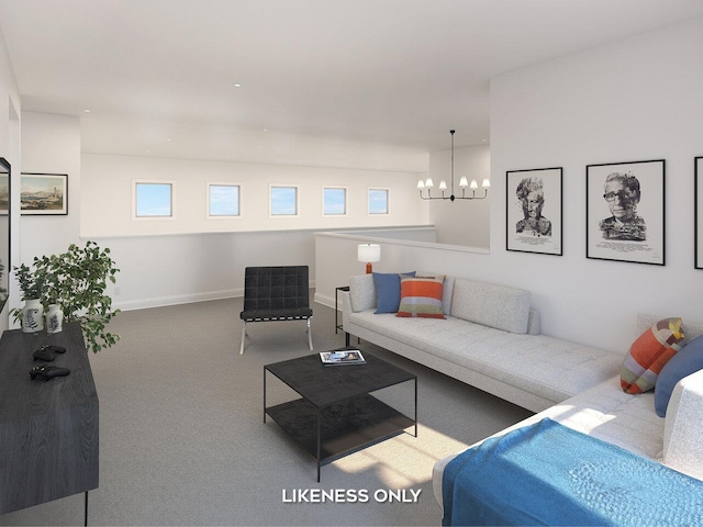 carpeted living room with an inviting chandelier and a wealth of natural light