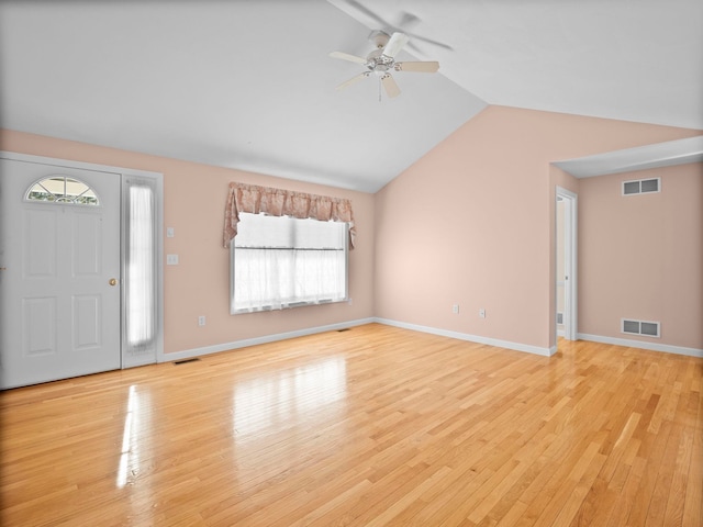 entryway featuring vaulted ceiling, ceiling fan, and light hardwood / wood-style floors