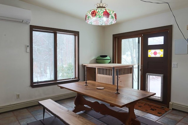 dining space with a wall mounted AC and a baseboard heating unit