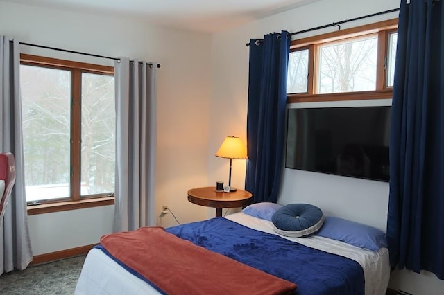 carpeted bedroom featuring multiple windows