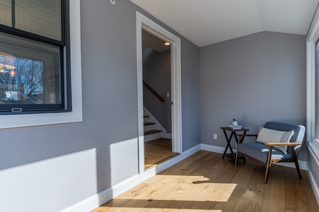 interior space with wood-type flooring and lofted ceiling