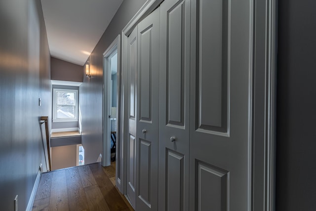 corridor with lofted ceiling and dark hardwood / wood-style floors