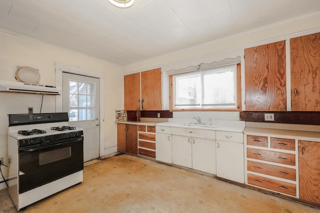 kitchen featuring gas range, sink, and white cabinets