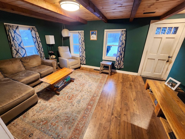 living room featuring beamed ceiling, hardwood / wood-style flooring, and wooden ceiling