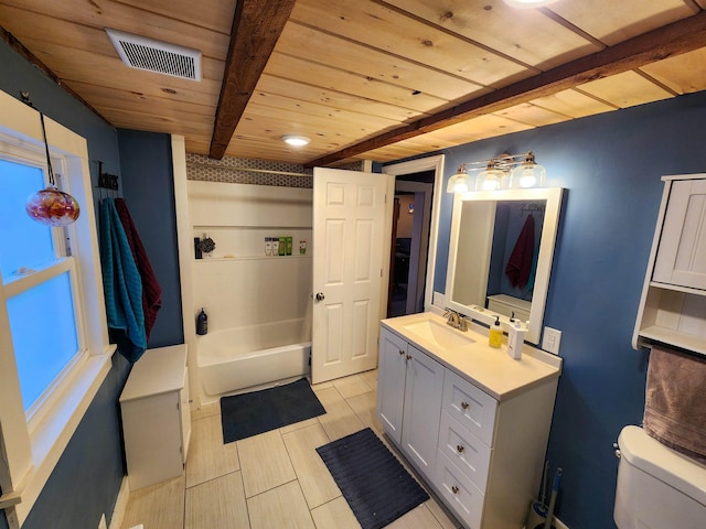 full bathroom with beamed ceiling, vanity, toilet, and wooden ceiling