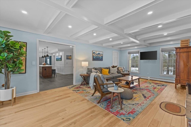 living room featuring a baseboard radiator, coffered ceiling, beam ceiling, and light hardwood / wood-style flooring