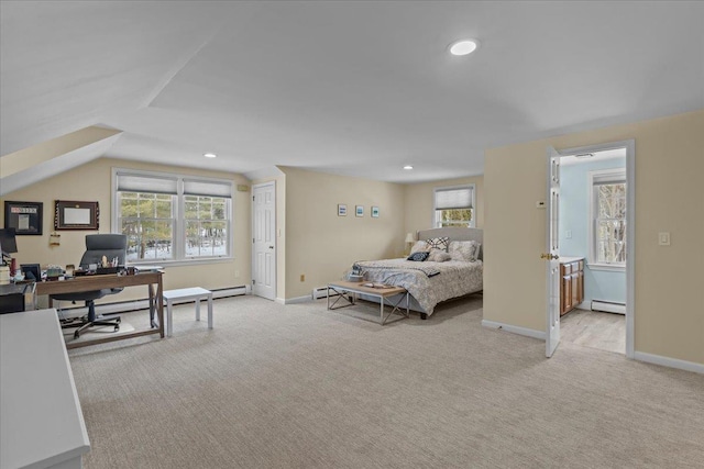 bedroom featuring light carpet, a baseboard radiator, and lofted ceiling