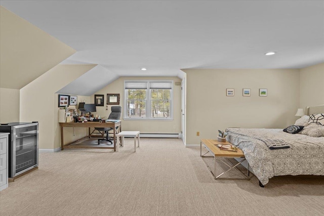 carpeted bedroom with a baseboard radiator, beverage cooler, and vaulted ceiling