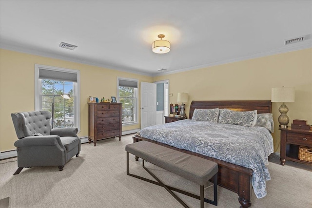 carpeted bedroom featuring baseboard heating and crown molding