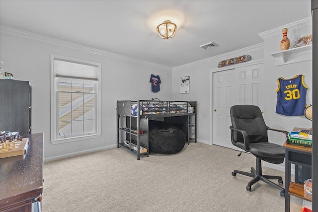 home office featuring ornamental molding and carpet flooring