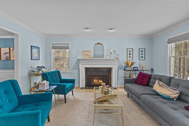 living room featuring light hardwood / wood-style flooring and ornamental molding