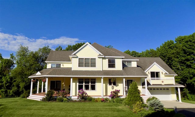 view of front of property featuring a porch, a garage, a balcony, and a front yard