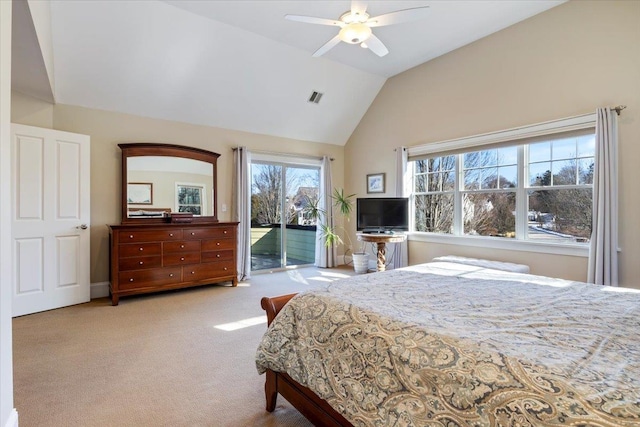 carpeted bedroom with access to outside, ceiling fan, and vaulted ceiling