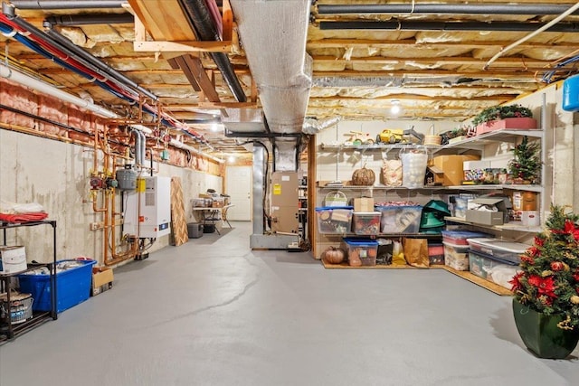 basement with heating unit and water heater