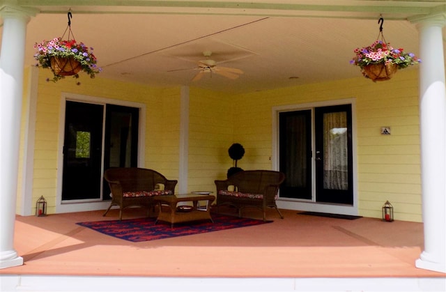 view of patio / terrace with ceiling fan and an outdoor hangout area