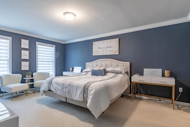 bedroom with ornamental molding and light colored carpet