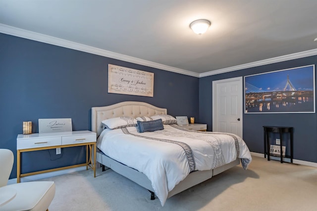 carpeted bedroom featuring crown molding