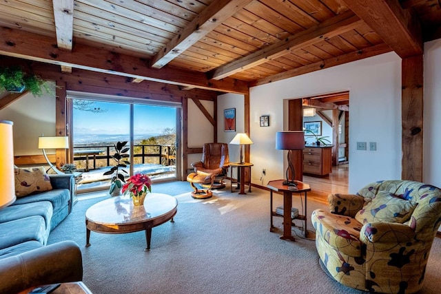 carpeted living room with wood ceiling and beam ceiling