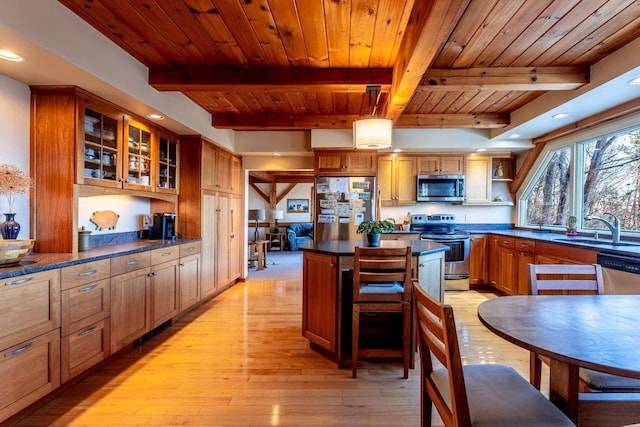 kitchen featuring pendant lighting, sink, wood ceiling, stainless steel appliances, and light hardwood / wood-style flooring